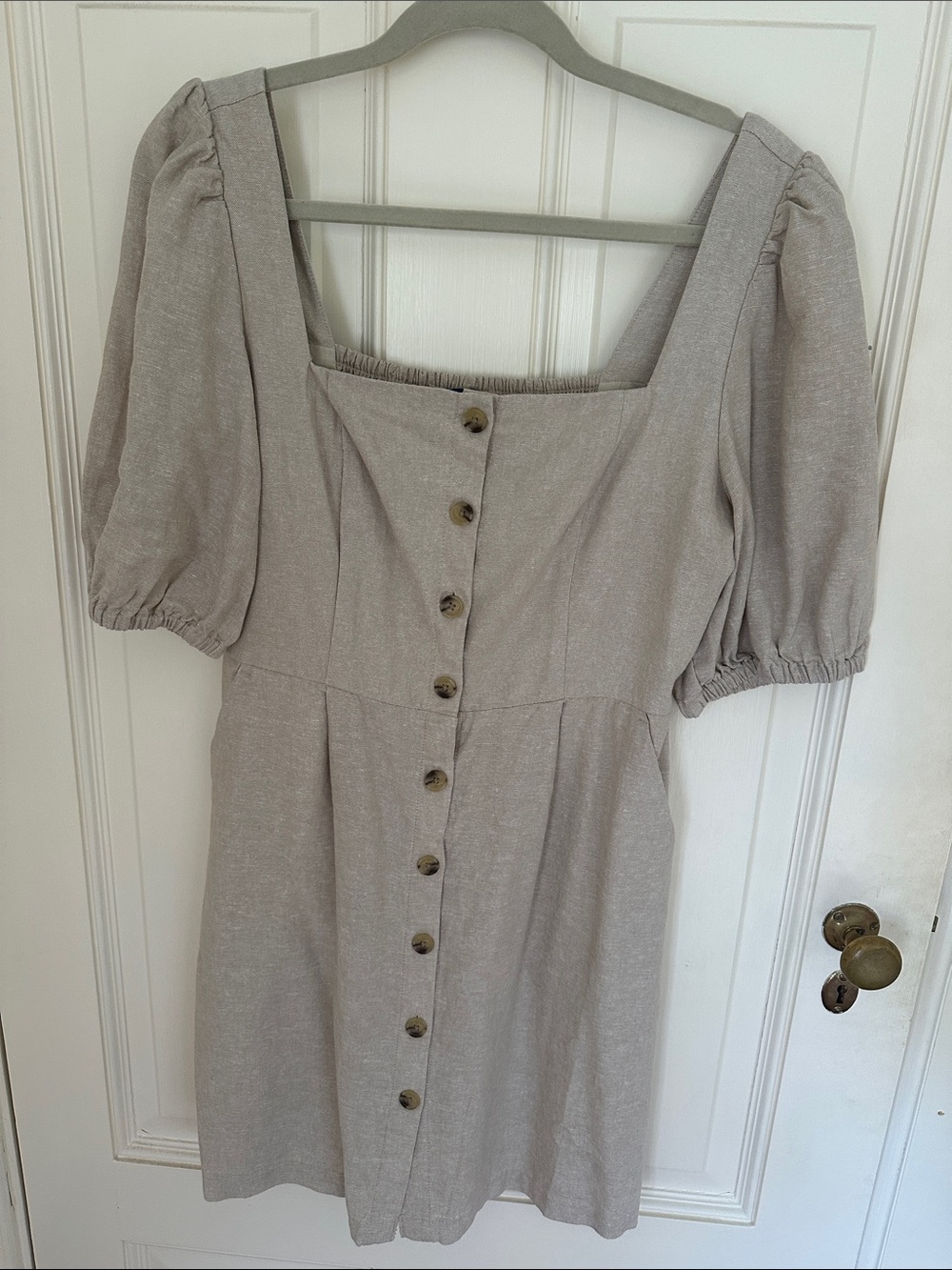 Old Navy Square Neck Puff Sleeve Mini Dress in Light Beige